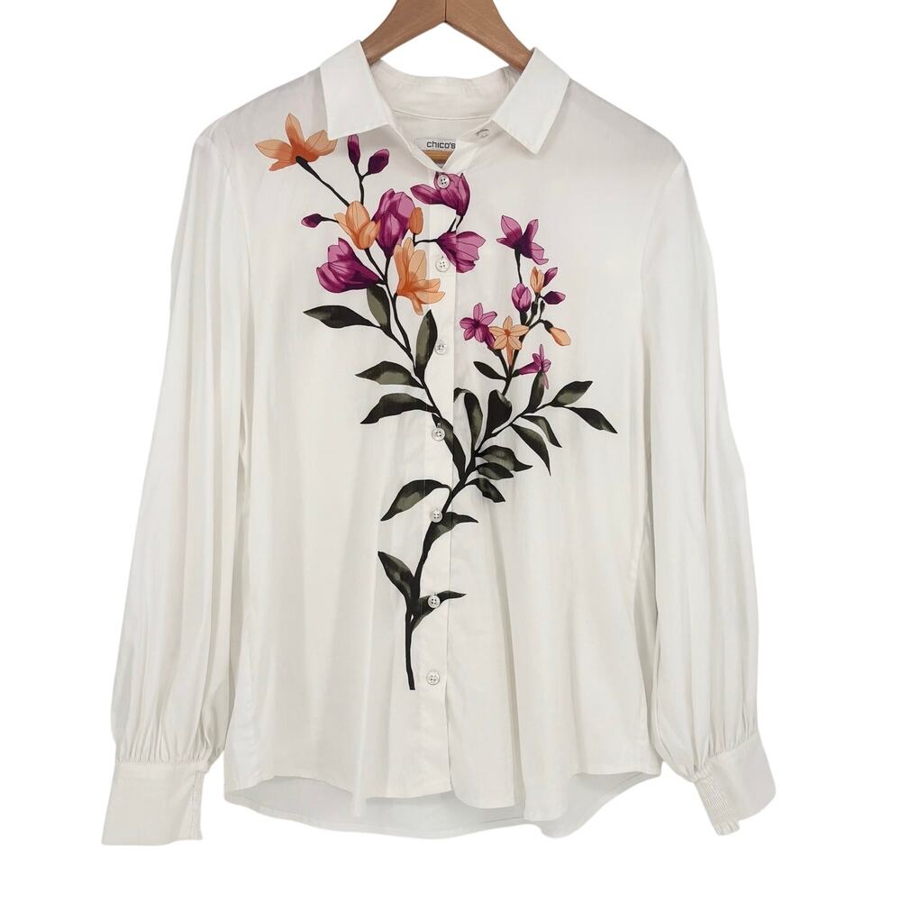 Chico's White Floral Design Balloon Sleeve Collared Blouse Size 10 FLAWED